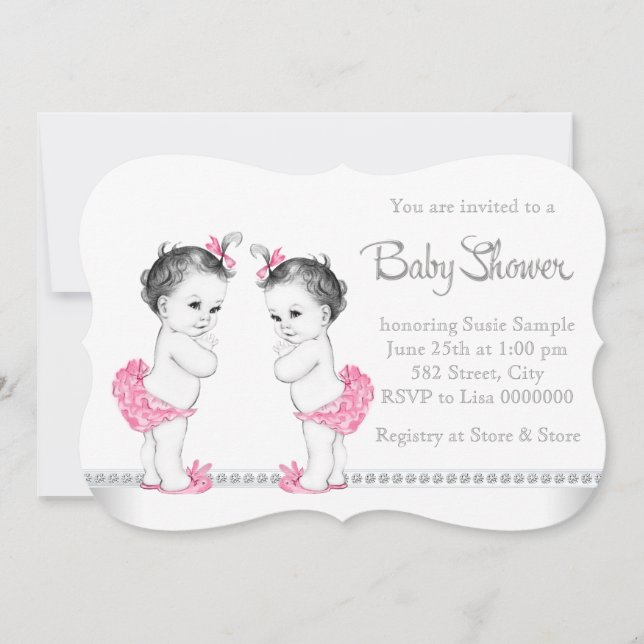 Invitation Élégant Baby shower de fille jumelle rose (Devant)