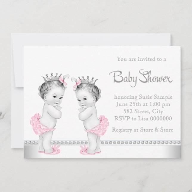 Invitation Élégant Baby shower de fille jumelle rose et argen (Devant)