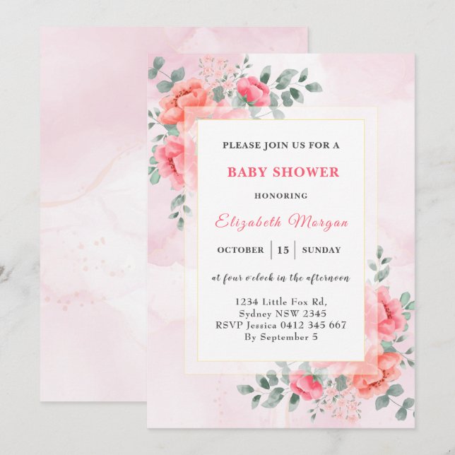 Invitation Elégant baby shower de fleur d'eucalyptus aquarell (Devant / Derrière)