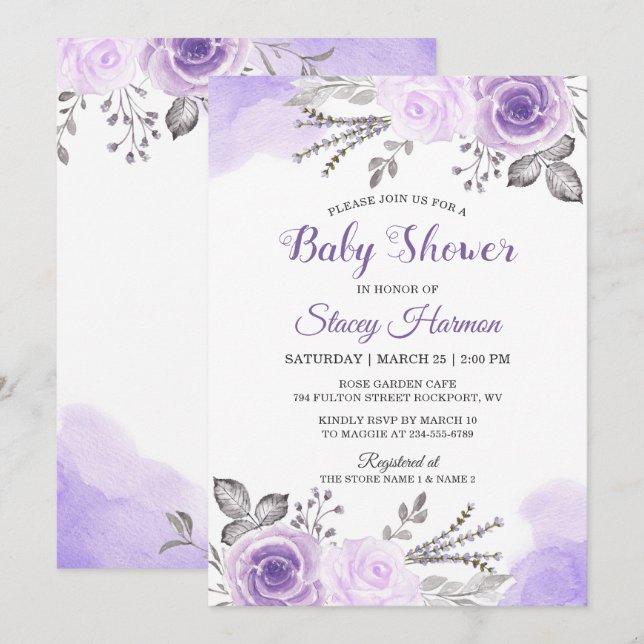 Invitation Élégant Baby shower de fleurs pastel violet (Devant / Derrière)