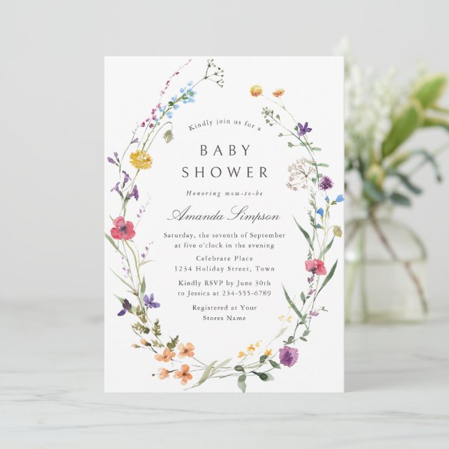Invitation Elégant Baby shower de Fleurs Sauvages Aquarelles (Debout devant)