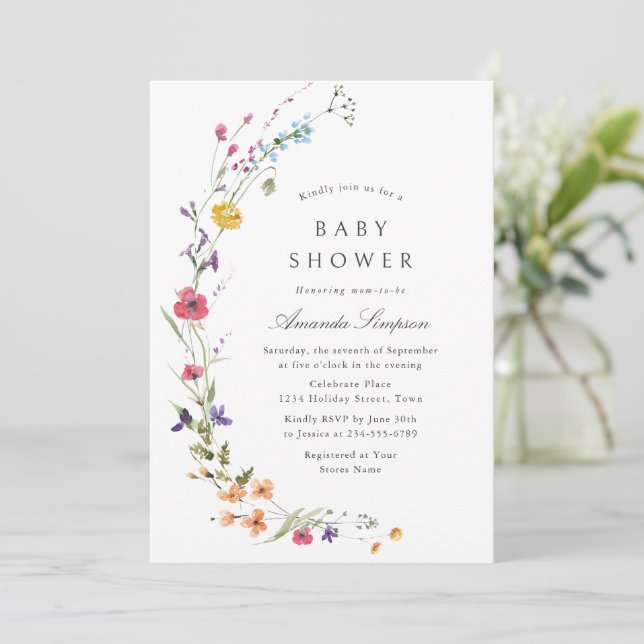 Invitation Elégant Baby shower de Fleurs Sauvages Aquarelles (Debout devant)