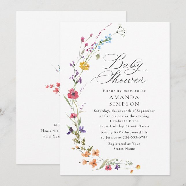 Invitation Elégant Baby shower de Fleurs Sauvages Aquarelles (Devant / Derrière)