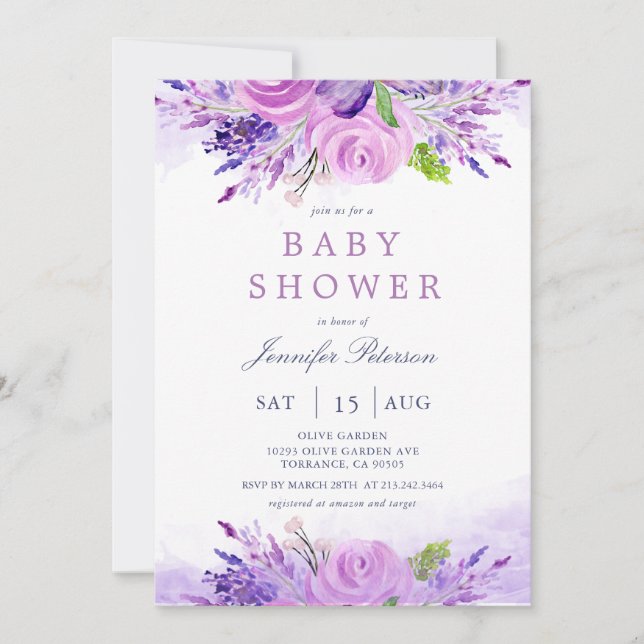 Invitation Élégant Baby shower de fleurs violettes de lavande (Devant)