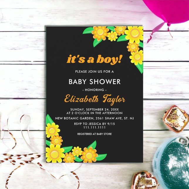 Invitation Elégant Baby shower de garçon floral noir tourneso (Créateur téléchargé)