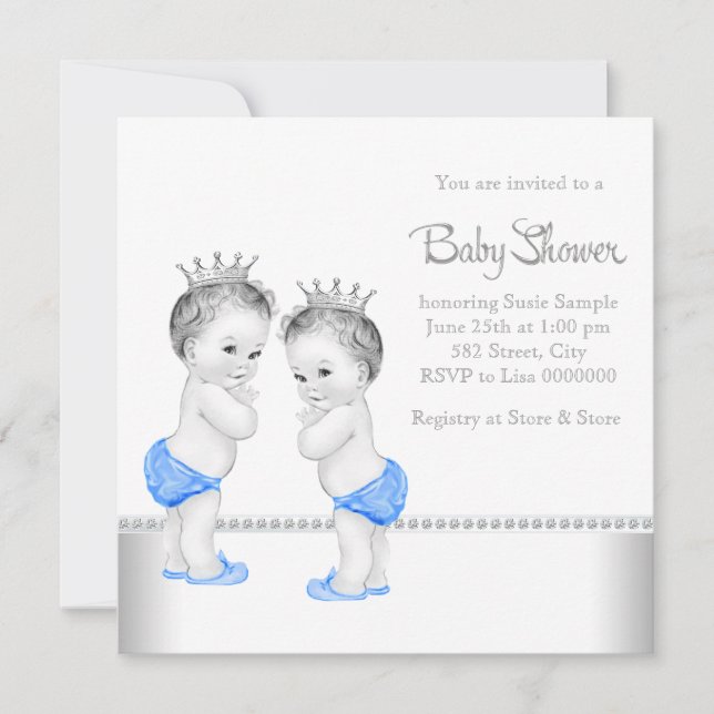 Invitation Elégant Baby shower de garçon Silver et Blue Twin (Devant)