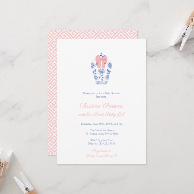 Invitation Élégant Baby shower de la boîte rose de jarre pour (Devant/Arrière en situation)
