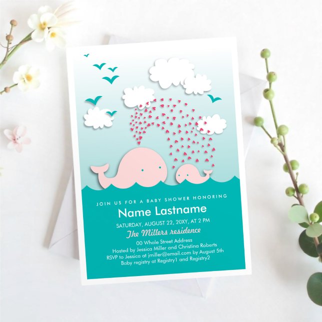 Invitation Élégant Baby shower de la menthe Coeur de baleines (Créateur téléchargé)