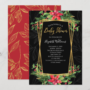 Invitation Élégant Baby shower de Noël noir or floral