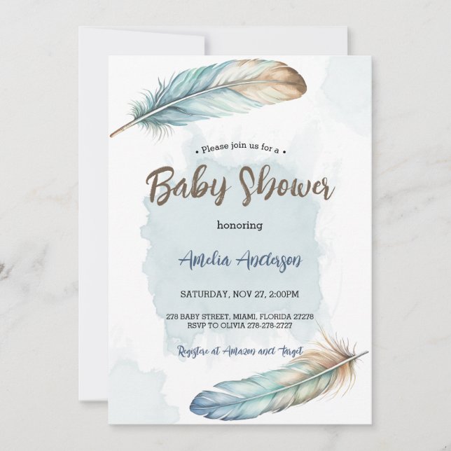 Invitation Elégant Baby shower de plumes d'aquarelle (Devant)