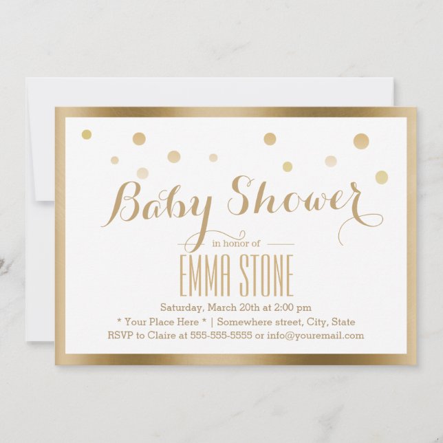 Invitation Élégant Baby shower de points Confetti encadrés or (Devant)