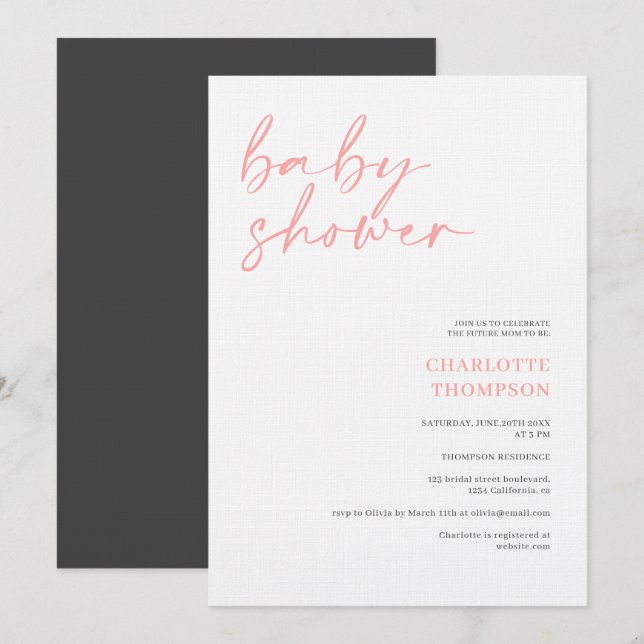 Invitation Élégant baby shower de script décontracté rose-gri (Devant / Derrière)