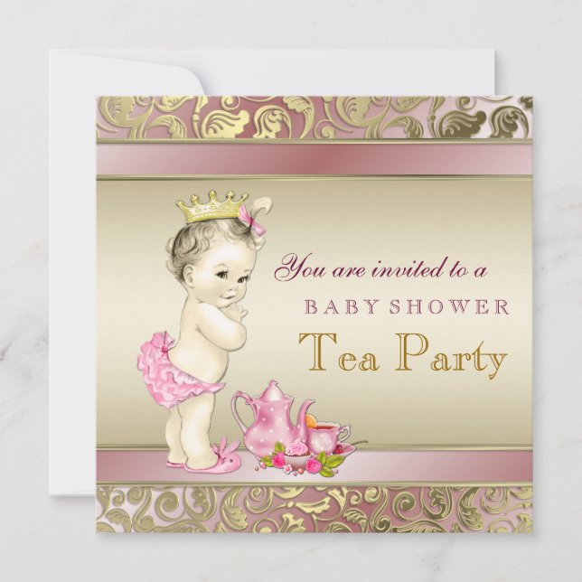 Invitation Elégant Baby shower de Tea Party pour filles rose  (Devant)