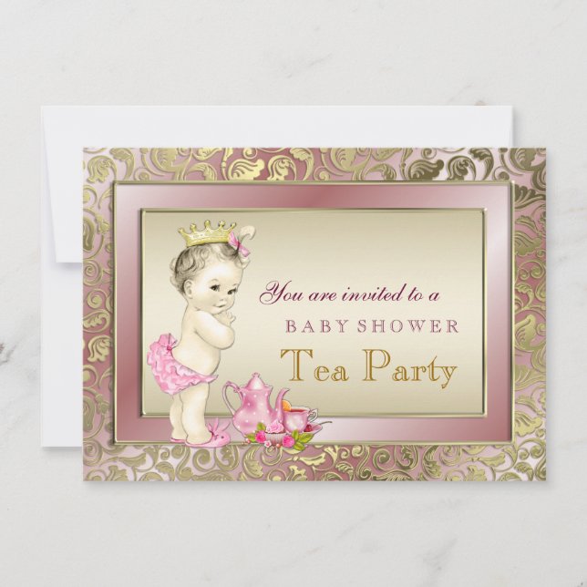Invitation Elégant Baby shower de Tea Party pour filles roses (Devant)