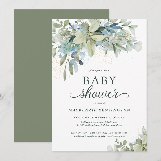 Invitation Elégant Baby shower de verdure Eucalyptus (Devant / Derrière)