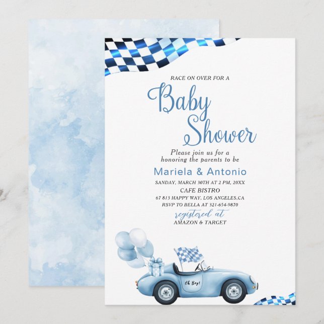 Invitation Elégant Baby shower de voiture de course aquarelle (Devant / Derrière)