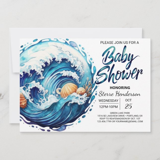 Invitation Elégant Baby shower des vagues de bord de mer (Devant)