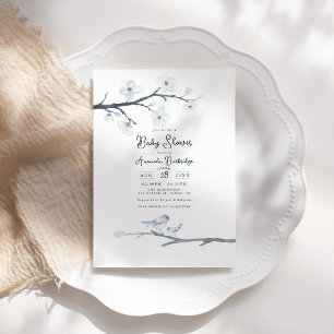 Invitation Elégant Baby shower d'oiseaux bleus et de fleurs d