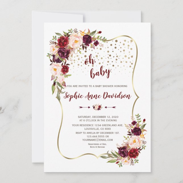 Invitation Élégant Baby shower d'or floral Burgundy Blush (Devant)