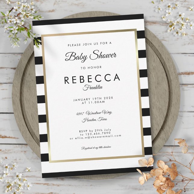 Invitation Élégant Baby shower en bande noir et blanc (Elegant Black And White Stripe Baby Shower Invitation)