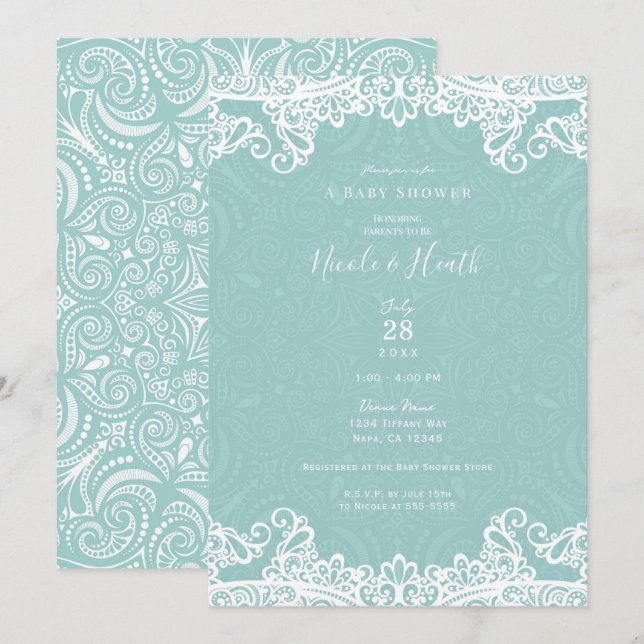 Invitation Elégant Baby shower en dentelle blanche Turquoise  (Devant / Derrière)