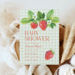 Invitation Élégant Baby shower En vichy de fraises vertes