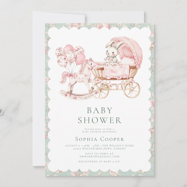 Invitation Élégant Baby shower fille Chinoiserie rose (Devant)