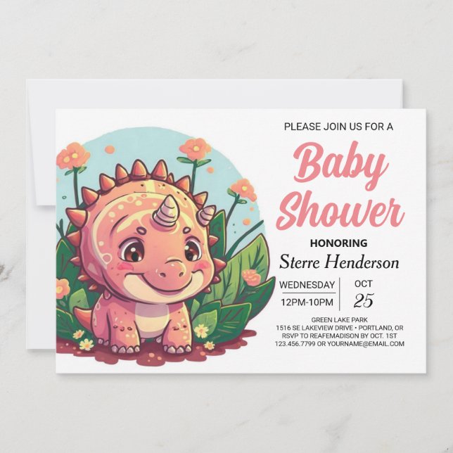 Invitation Élégant Baby shower fille Dinosaure Rose (Devant)