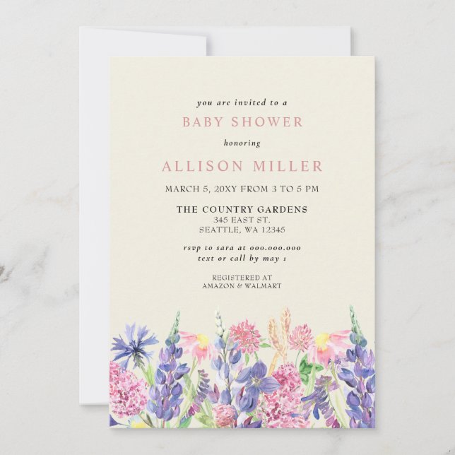 Invitation Elégant Baby shower Fleur sauvage aquarelle (Devant)