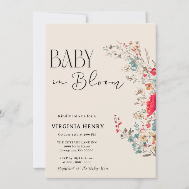 Invitation Elegant Baby shower Fleur sauvage Boho (Devant)