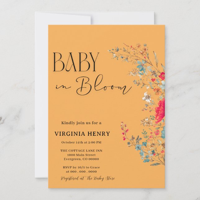 Invitation Elegant Baby shower Fleur sauvage Boho (Devant)