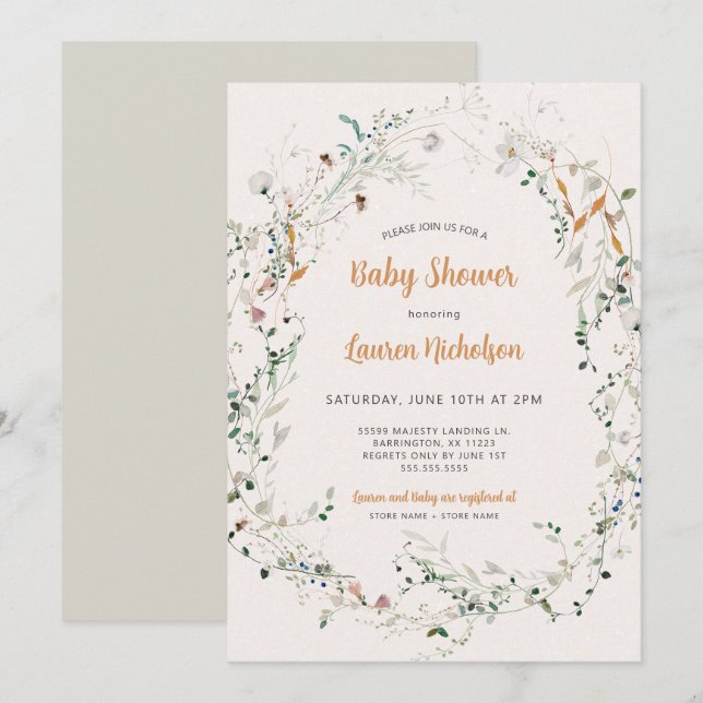 Invitation Élégant baby shower Fleur sauvage Petite (Devant / Derrière)