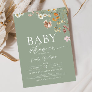 Invitation Élégant Baby shower Fleur sauvage Sage Green Boho