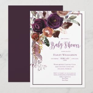 Invitation Élégant Baby shower fleuri pourpre et or Plum
