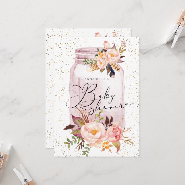Invitation Élégant Baby shower Floral (Devant/Arrière en situation)