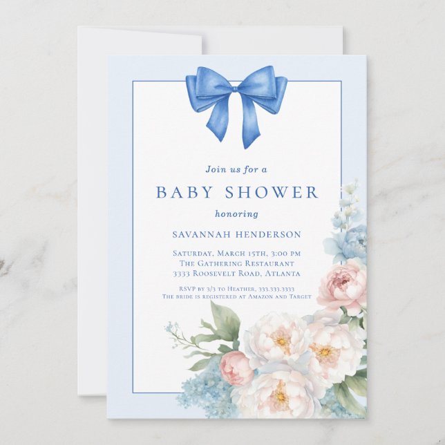 Invitation Élégant Baby shower floral à ruban bleu Bow (Devant)
