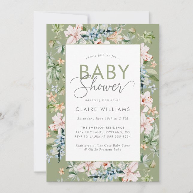 Invitation Elégant Baby shower floral aquarelle (Devant)
