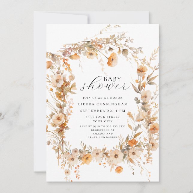Invitation Élégant Baby shower floral automne (Devant)