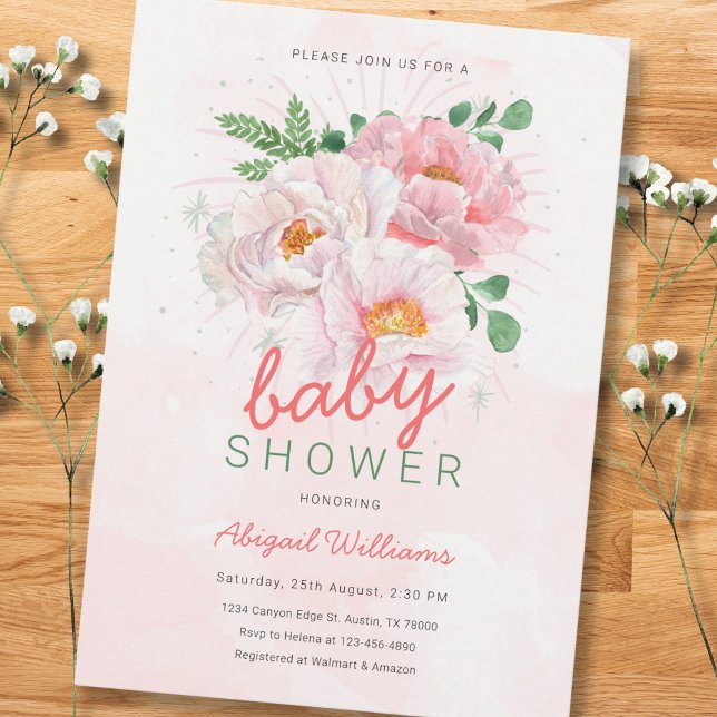 Invitation Élégant Baby shower floral aux pivoines roses (Créateur téléchargé)