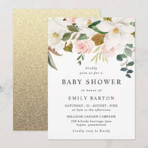 Invitation Élégant Baby shower floral blanc et blanc