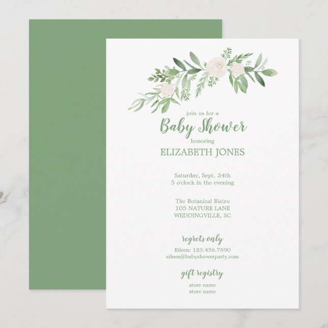 Invitation Elégant Baby shower Floral Blanc & Vert (Devant / Derrière)