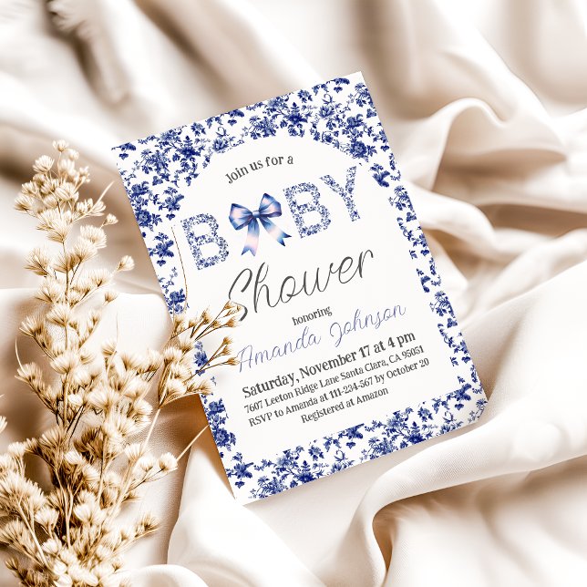 Invitation Élégant Baby shower floral bleu de la toile de bou (Créateur téléchargé)
