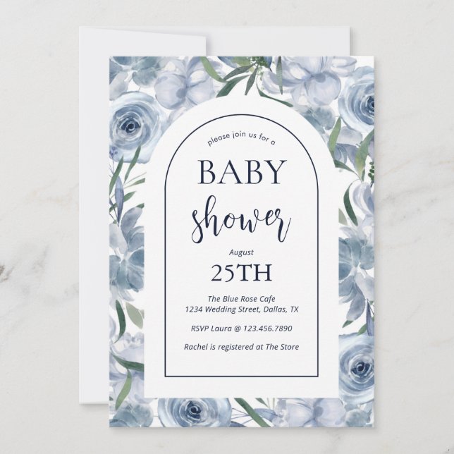 Invitation Elégant Baby shower Floral bleu Dusty (Devant)