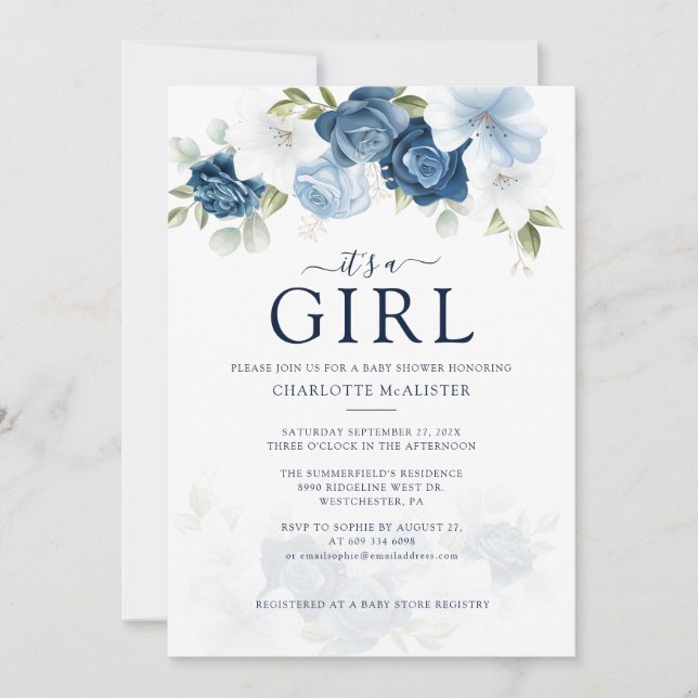 Invitation Elégant Baby shower Floral bleu Dusty moderne (Devant)