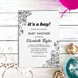Invitation Élégant Baby shower Floral Boho Noir Et Blanc