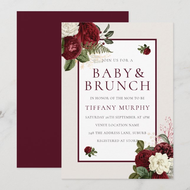 Invitation Élégant Baby shower floral de Bourgogne romantique (Devant / Derrière)