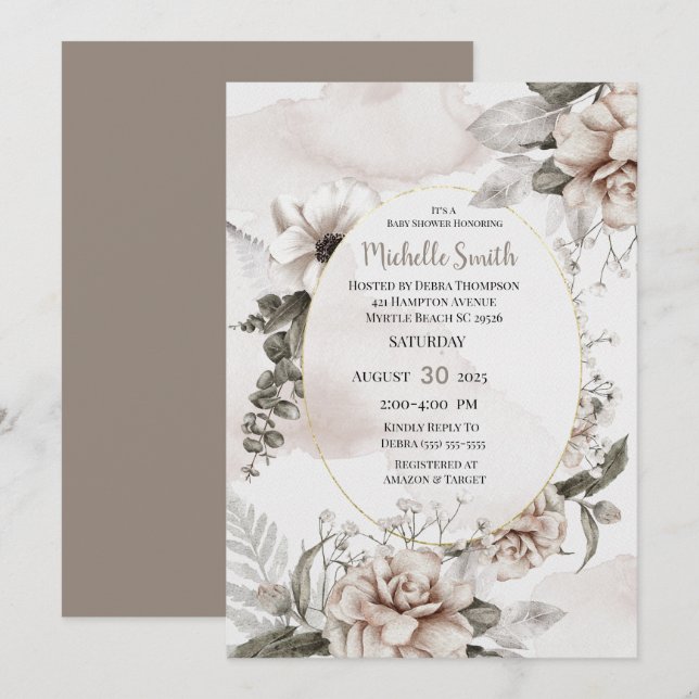 Invitation Elégant Baby shower floral de crème d'arôme (Devant / Derrière)