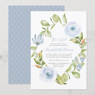 Invitation Élégant Baby shower Floral Diamond Dusty Blue