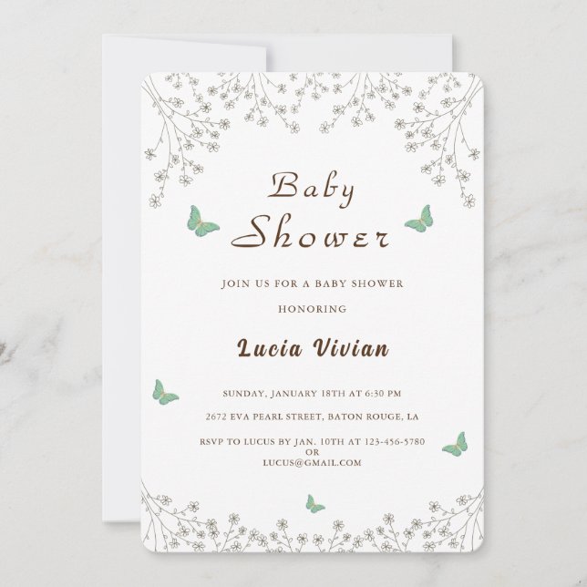 Invitation Elégant Baby shower Floral d'or et papillon (Devant)