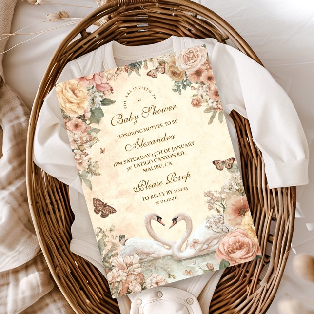 Invitation Élégant Baby shower floral du lac des Cygnes (Créateur téléchargé)